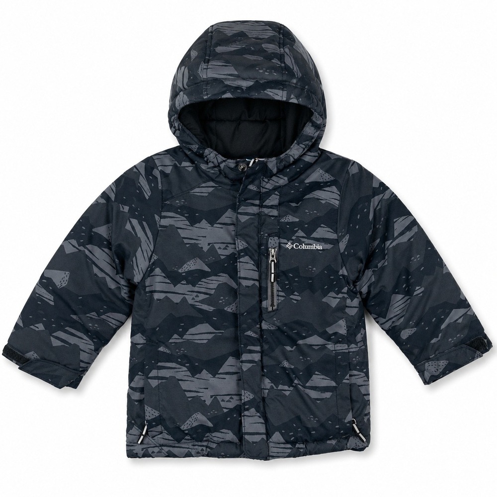 Columbia Puffer Jacket Kids 3T Black Gray Mountain Print Hooded Coat Winter Ski